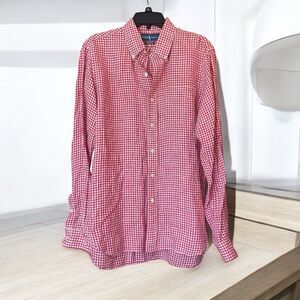 Ralph Lauren Blue Label Men's M Red Gingham Plaid 100% Linen Casual Shirt